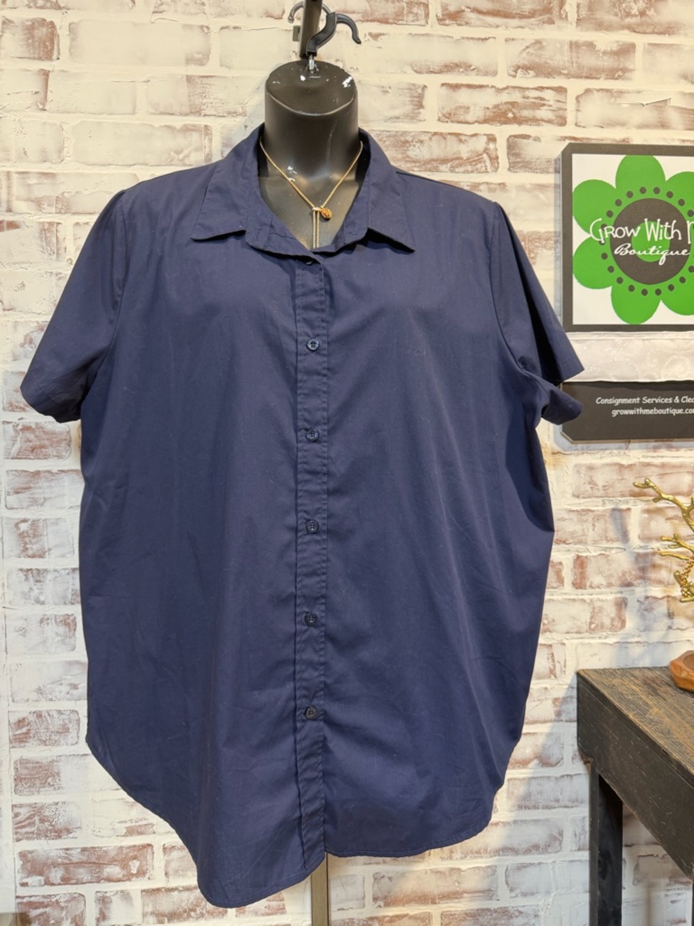 Woman Within Navy Short-Sleeve Button Front Blouse